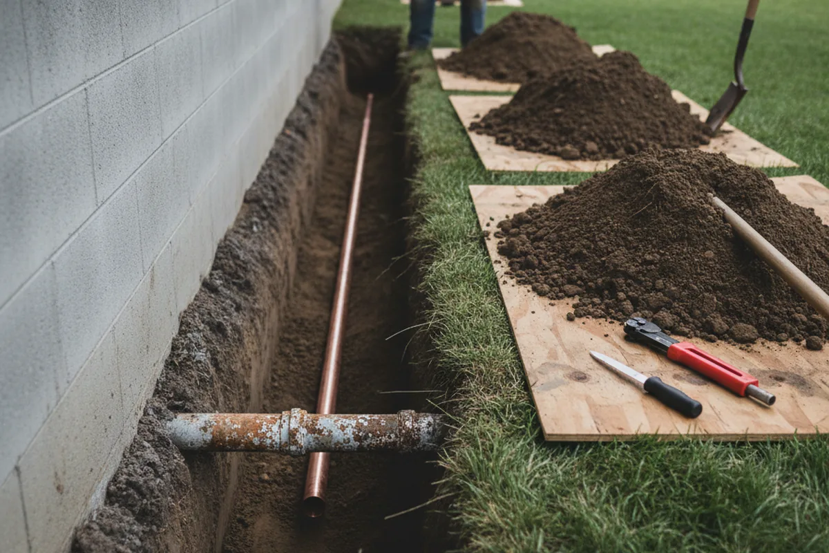 Excavated water line trench during Water Softener Installation in West Elizabeth